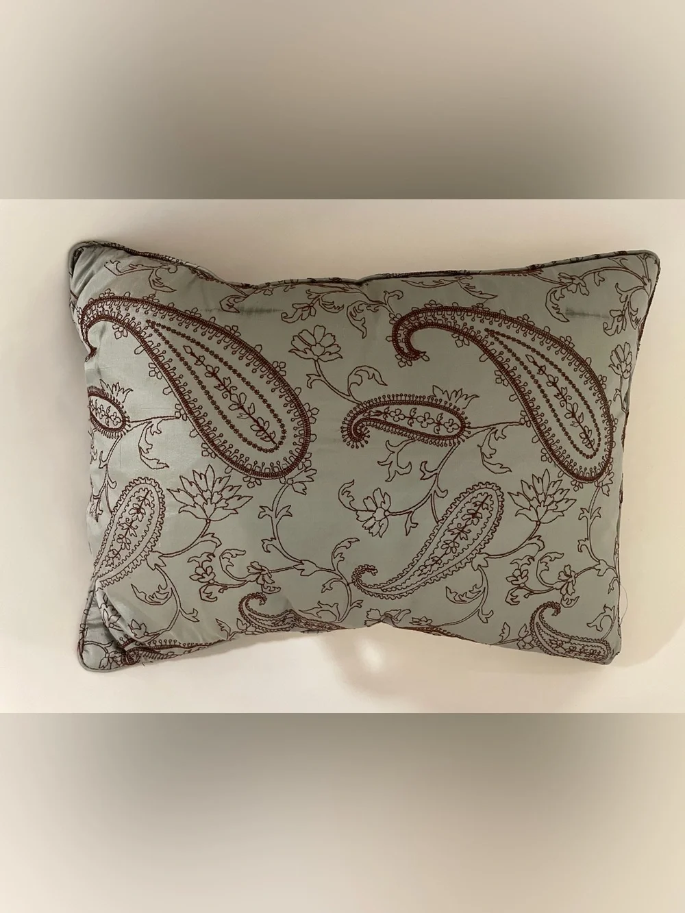 Decorative Pillow Dusty Blue Green with Embroidered Brown Paisley Pattern
